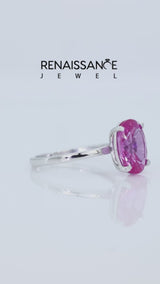 Silver Oval Cut Pink Sapphire Solitaire Engagement Ring with Classic Band and Four-Prong Setting