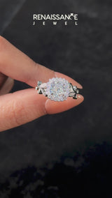 White gold Oval Cut Diamond Halo Ring with Vintage Split Shank and Four-Prong Setting