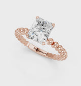 Rose gold Radiant Cut Diamond Solitaire Ring with Beaded Band and Prong Setting
