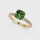Yellow gold Fancy Green Cushion Cut Diamond Solitaire Pavé Band with Four-Prong Setting