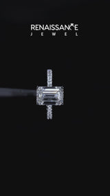 Silver Emerald Solitaire Diamond with Pavé Band and Four-Prong Setting