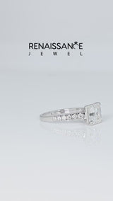 Silver Asscher Cut Diamond Cathedral Solitaire Ring with Round with Moissanite side stone Pavé Band