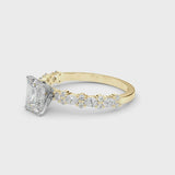 Yellow gold Emerald Cut Diamond Side Stone Solitaire Ring with Round  and Four-Prong Setting