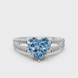 Silver Fancy Blue Heart Cut Diamond Solitaire Engagement Ring with Split Shank Pavé Band