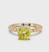 Yellow gold Fancy Yellow Cushion Cut Diamond Solitaire Ring with Beaded Band and Prong Setting