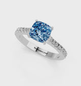 Platinum Fancy Blue Cushion  Cut Solitaire Diamond Engagement Ring with Pave Band and Four-Prong Setting
