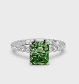 Platinum Fancy Green Radiant Cut Diamond Solitaire Ring with Beaded Band and Prong Setting