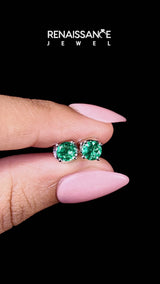 Platinum Round Cut Emerald Stud Earrings
