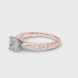 Rose gold Cushion Solitaire Milgrain Engraved Band with Four-Prong Setting