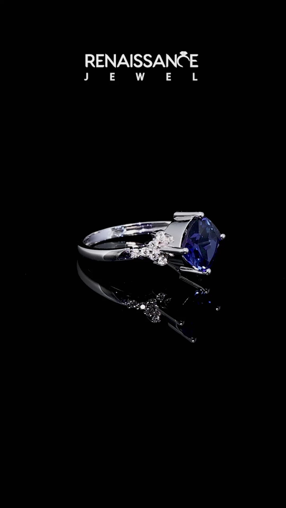 Silver Cushion Cut Blue Sapphire Ring with Side Stones and Four-Prong Setting_12