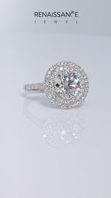 Silver Double Halo Emerald Cut Diamond Pavé Band with Four-Prong Setting