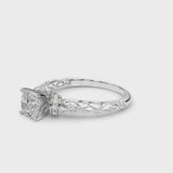 Platinum Cushion Cut Diamond Solitaire Ring with Filigree Band and Four-Prong Setting