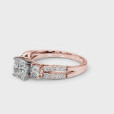 Rose gold Cushion Cut Diamond Three-Stone Ring with Pavé Split Shank and Four-Prong Setting