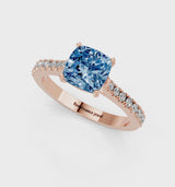 Rose gold Fancy Blue Cushion  Cut Solitaire Diamond Engagement Ring with Pave Band and Four-Prong Setting