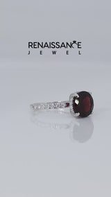 Silver Round Cut Garnet Solitaire Ring with Round  Pavé Band and Four-Prong Setting