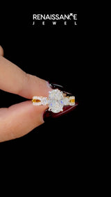 Yellow gold Oval Cut Diamond Three-Stone Ring with Pavé Split Shank and Four-Prong Setting