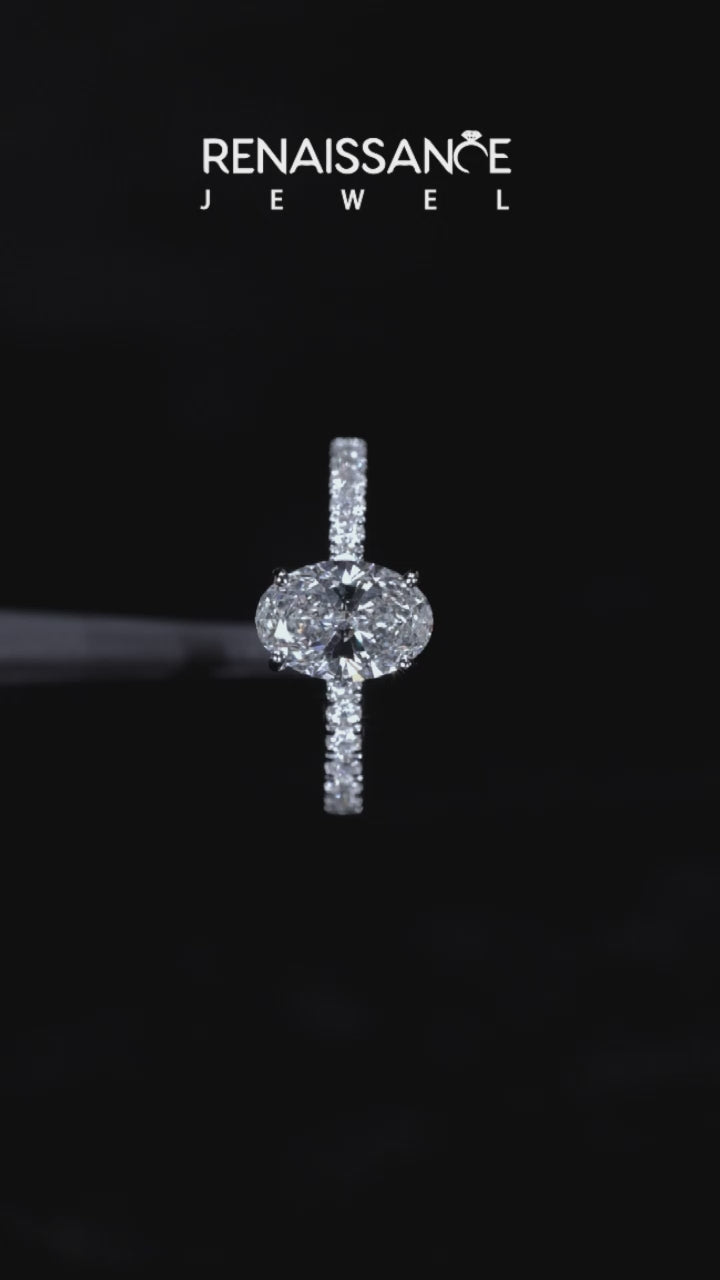 Silver Oval Solitaire Diamond Pavé Band with Four-Prong Setting 4