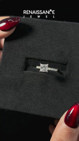Silver Princess Cut Diamond Pave Band Solitaire Ring with Round  and Prong Setting