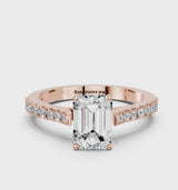 Rose gold Emerald Cut Solitaire Diamond Engagement Ring with Pave Band and Four-Prong Setting