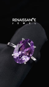 Silver Oval Cut Amethyst Solitaire Engagement Ring with Classic Band and Four-Prong Setting