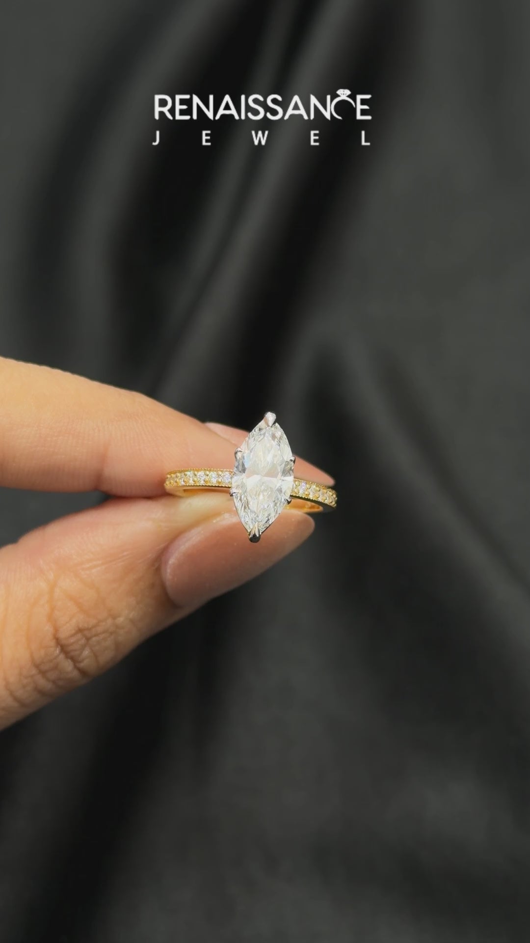 Yellow gold Marquise Milgrain Pave Diamond Engagement Ring with Four-Prong Setting_7