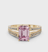 Yellow gold Fancy Pink Emerald Cut Diamond Solitaire Engagement Ring with Split Shank Pavé Band