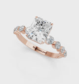 Rose gold Radiant Cut Solitaire Diamond Ring with Pave Band and Four-Prong Setting