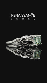 Sterling Silver Princess Cut Pave Leaf Bypass Engagement Ring Setting for Fancy Green Center