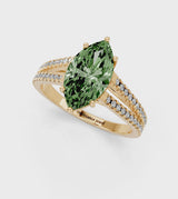 Yellow gold Fancy Green Marquise Cut Diamond Solitaire Engagement Ring with Split Shank Pavé Band
