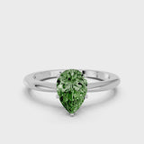 White gold Fancy Green Pear Cut Diamond Solitaire Ring with Six-Prong Setting and Classic Band