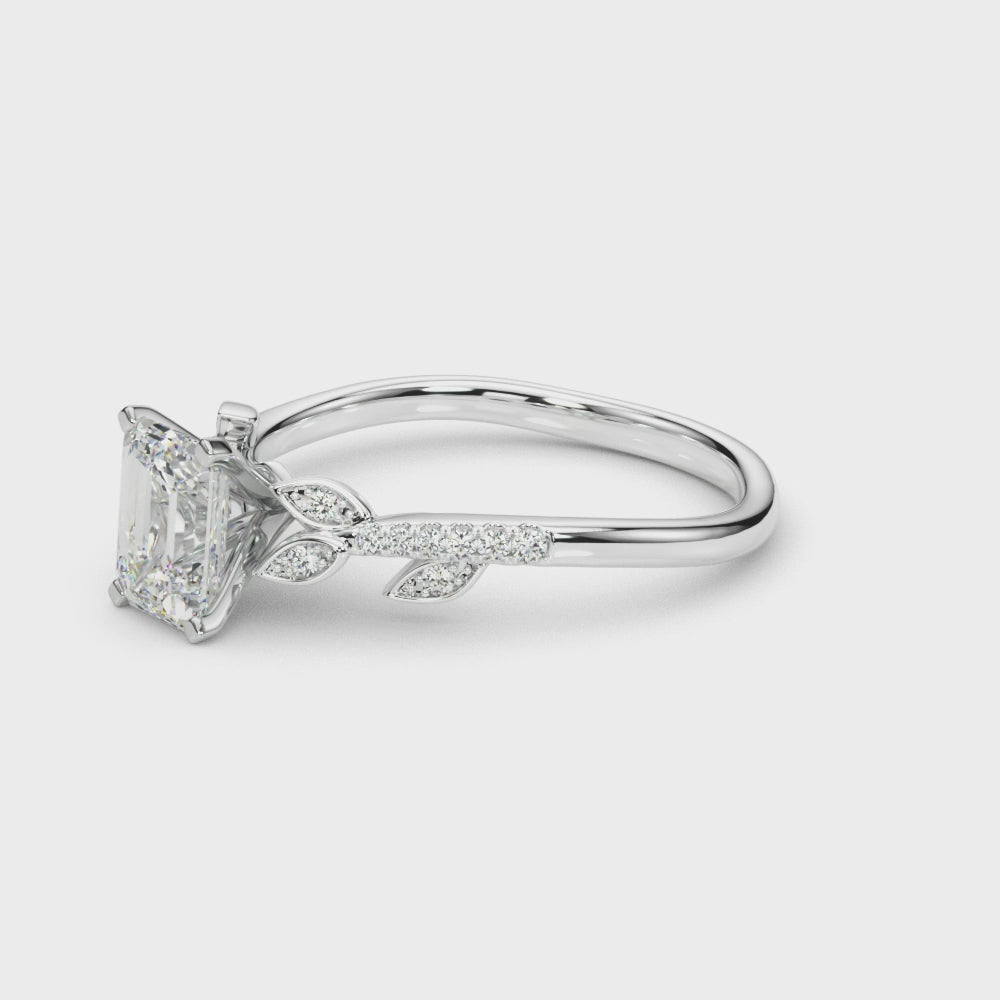 Silver Radiant Solitaire Leaf-Inspired Diamond Ring with Pavé Band and Four-Prong Setting 3