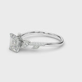 Silver Radiant Solitaire Leaf-Inspired Diamond Ring with Pavé Band and Four-Prong Setting