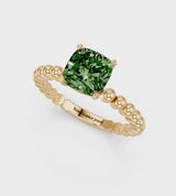 Yellow gold Fancy Green Cushion Cut Diamond Solitaire Ring with Beaded Band and Prong Setting