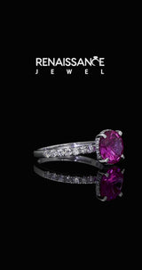 Silver Round Cut Pink Sapphire Solitaire Ring with Round  Pavé Band and Four-Prong Setting