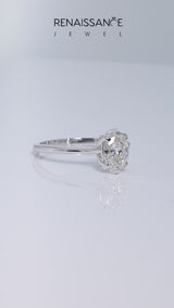 Platinum Oval Cut Diamond Solitaire Ring with Flower Prong Setting and Classic Band