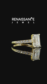 Yellow gold Emerald Cut Diamond Cathedral Solitaire Ring with Round  Pavé Band