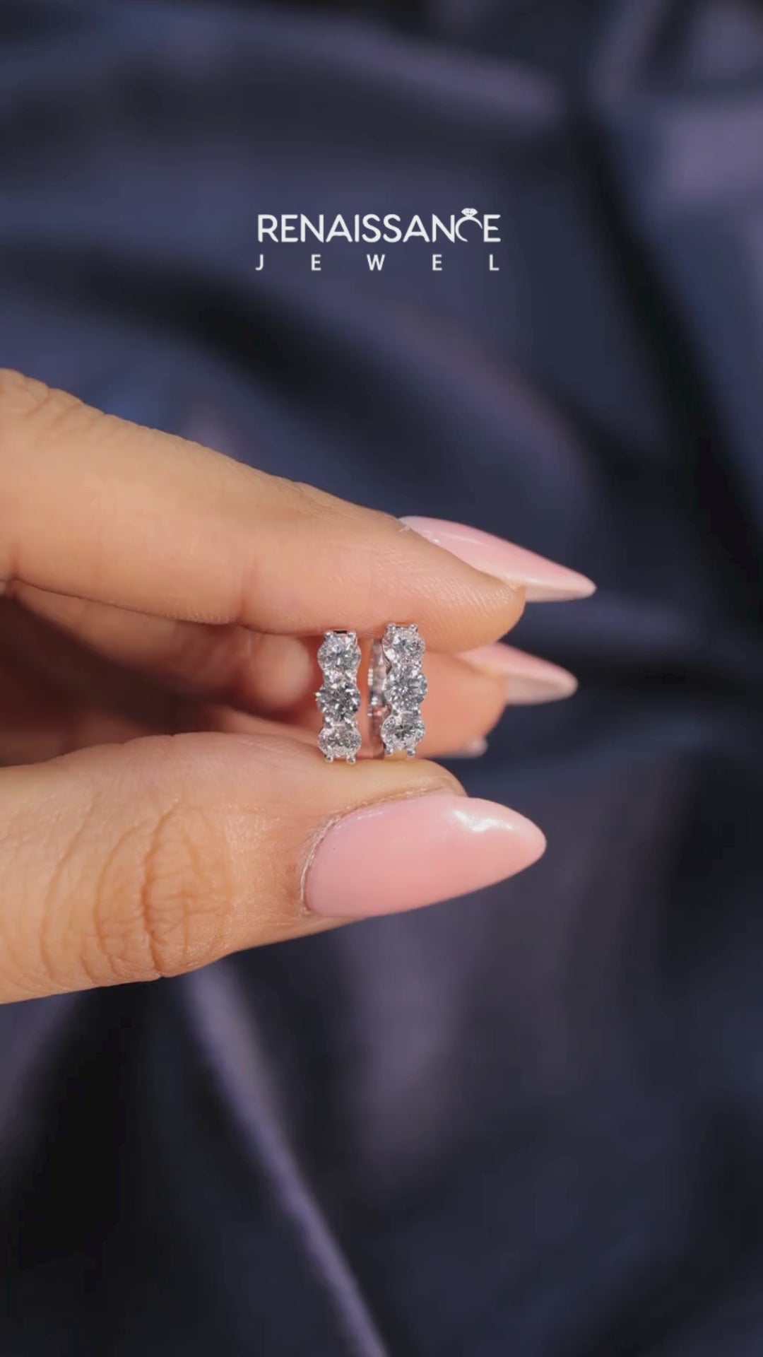 White gold Triple Round Diamond Huggie Earrings with Prong Setting 3