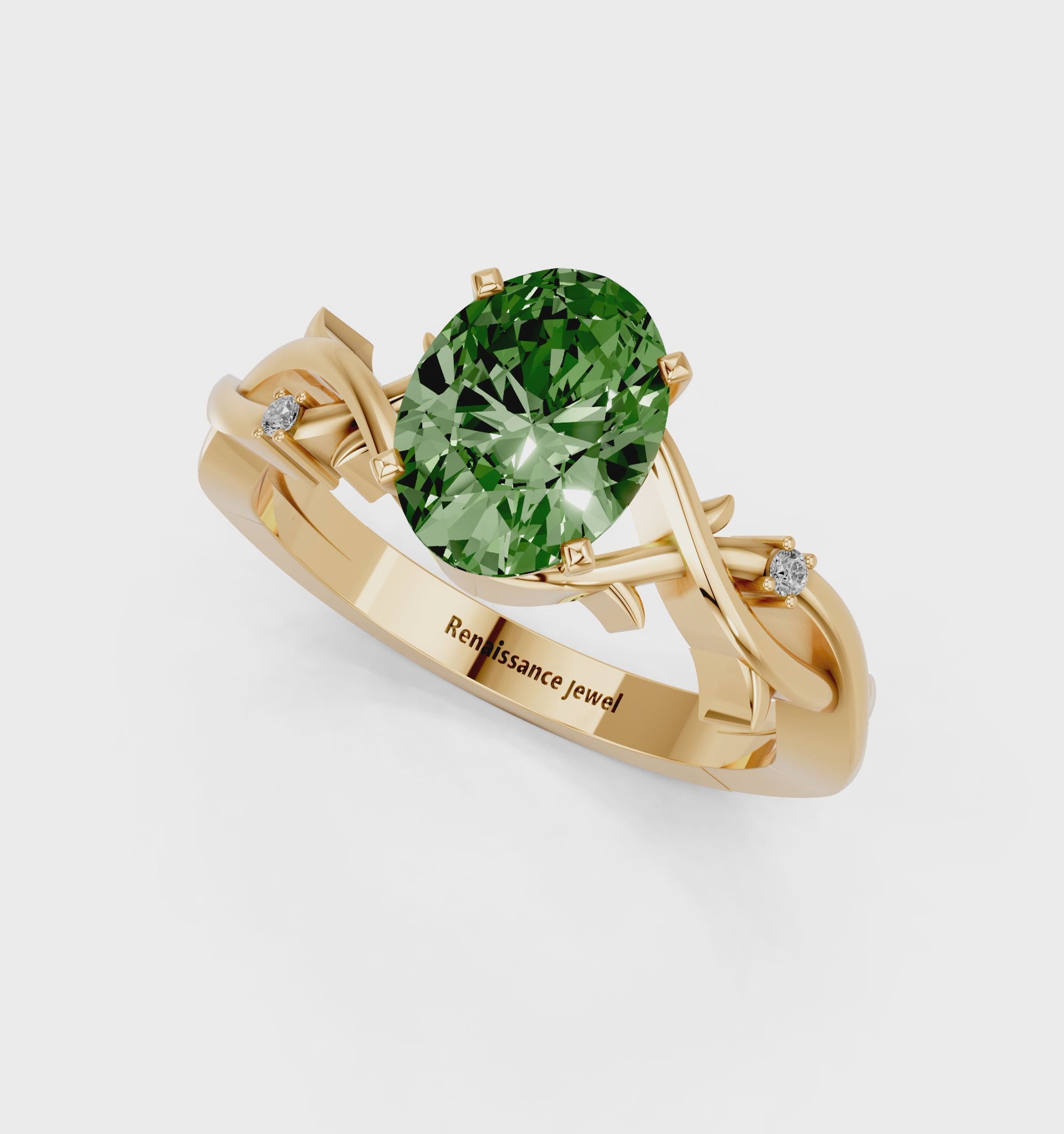 Yellow gold Fancy Green Oval cut Solitaire Twisted Band Prong Setting Ring_192