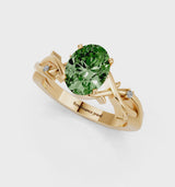 Yellow gold Fancy Green Oval Cut Diamond Solitaire Ring with Twisted Band and Prong Setting