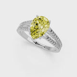 Silver Fancy Yellow Pear Cut Diamond Solitaire Engagement Ring with Split Shank Pavé Band