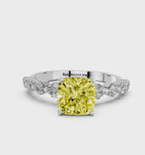 White gold Fancy Yellow Cushion Cut Solitaire Diamond Ring with Pave Band and Four-Prong Setting