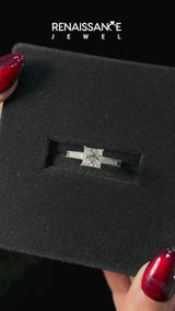 Silver Emerald Cut Diamond Engagement Ring with Milgrain Channel Set Band and Prong Setting