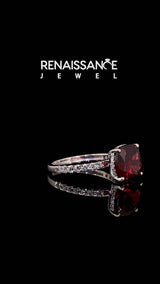 Silver Cushion Cut Garnet Pave Band Solitaire Ring with Round  and Prong Setting