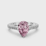 Platinum Fancy Pink Pear  Cut Solitaire Diamond Engagement Ring with Pave Band and Four-Prong Setting