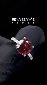 Silver Cushion Cut Garnet Pave Band Solitaire Ring with Round  and Prong Setting