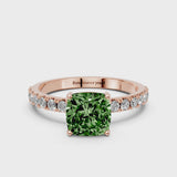 Rose gold Fancy Green Cushion Cut Diamond Solitaire Pavé Band with Four-Prong Setting