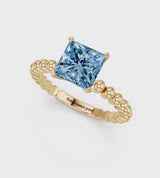 Yellow gold Fancy Blue Princess Cut Diamond Solitaire Ring with Beaded Band and Prong Setting