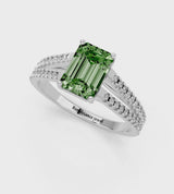 Platinum Fancy Green Emerald Cut Diamond Solitaire Engagement Ring with Split Shank Pavé Band