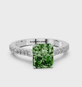 Silver Fancy Green Radiant  Cut Solitaire Diamond Engagement Ring with Pave Band and Four-Prong Setting