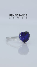 Silver Heart Cut Blue Sapphire Solitaire Ring with Flower Prong Setting and Classic Band